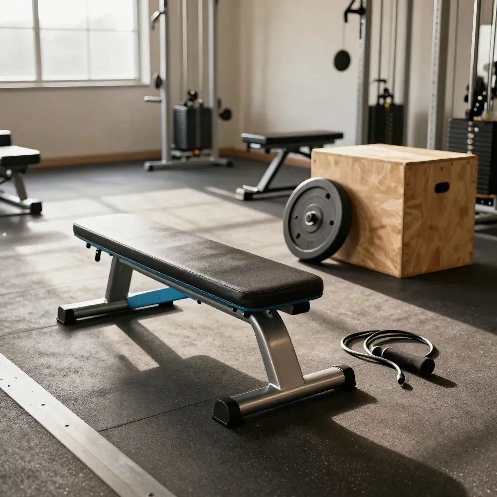 Corsia di personal training ordinata con panca, slitta, box e corda alla luce naturale.