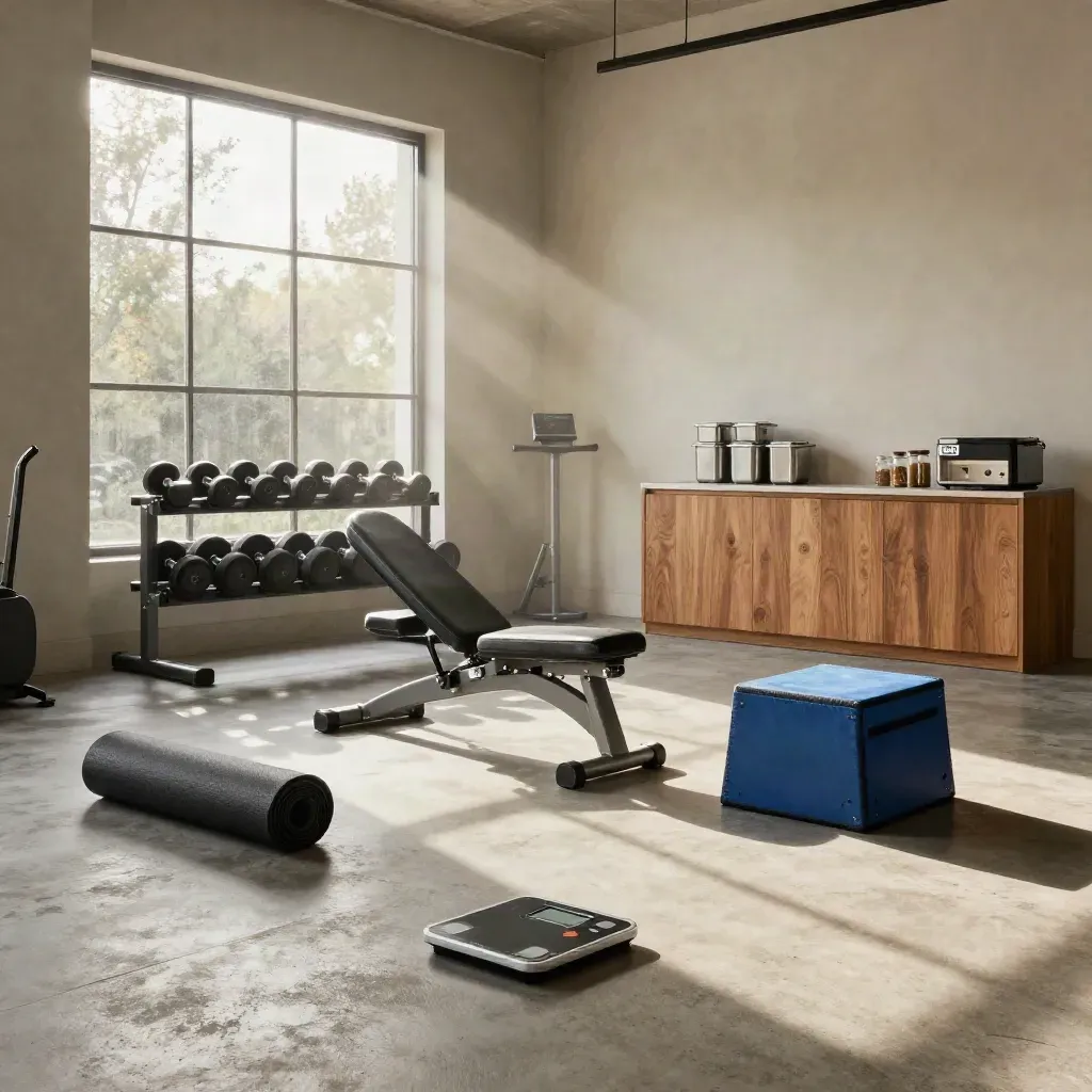 Studio fitness vuoto con rack, panca, manubri, bilancia e zona meal-prep in luce mattutina.