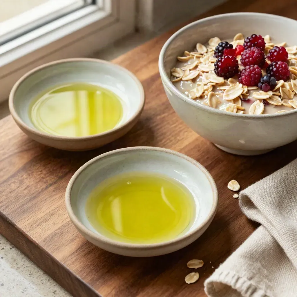 Ciotole in ceramica con avena, frutti rossi e olio d’oliva su lino chiaro, vista dall’alto.