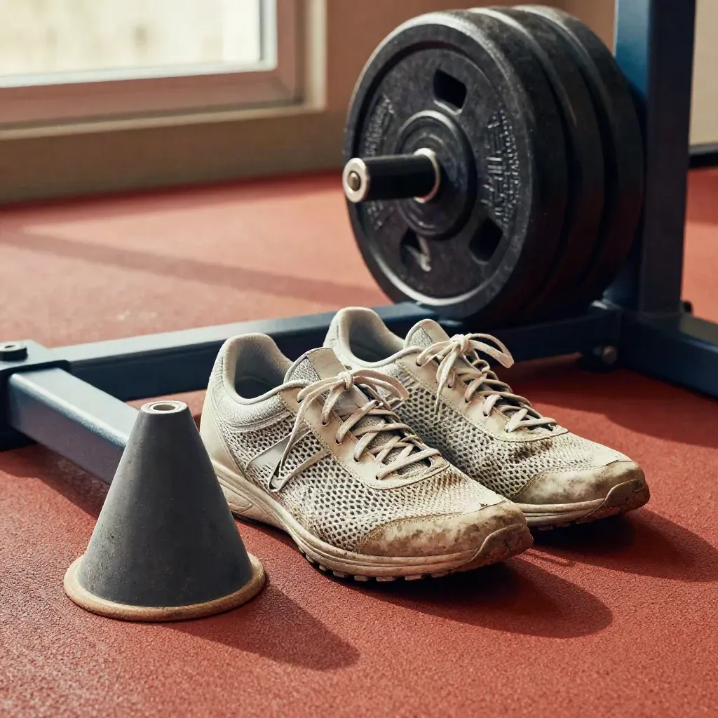 Scarpette da sprint, slitta da training e dischi bumper su pavimento terracotta.