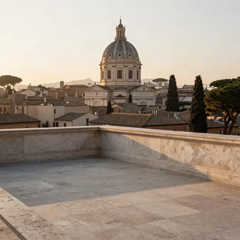 Skyline di Roma al tramonto con cupola alta, cipressi e tetti travertino in atmosfera calda.