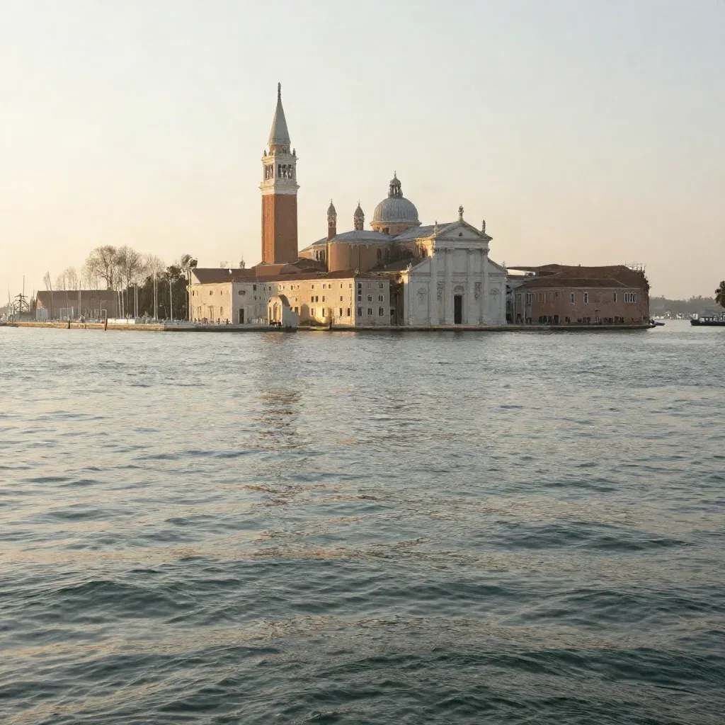 Laguna di Venezia al tramonto con San Giorgio Maggiore e riflessi dorati sull’acqua calma